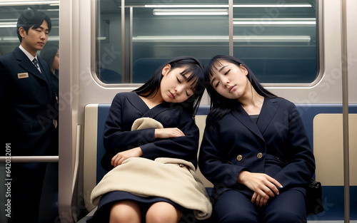 Two Asian female high school students sleeping in subway car