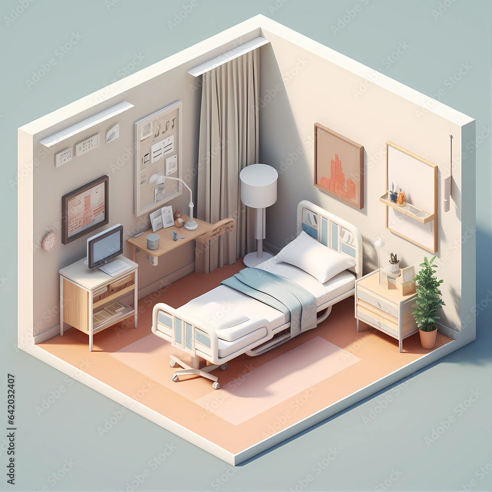 3d isometric modern hospital room with medical equipment and bed - obrazy, fototapety, plakaty 