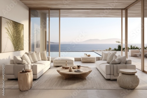 modern living room with ocean view, generative ai © MaxWo
