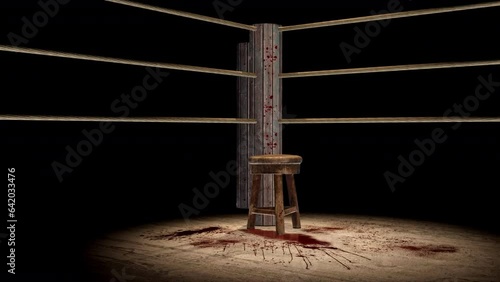 An abstract concept of the grim world of boxing, where blood stains the canvas, the ring, and a lone wooden stool in the corner. photo