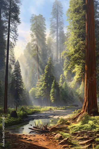 Tranquil Pine Forest in Sunlit Wilderness.
