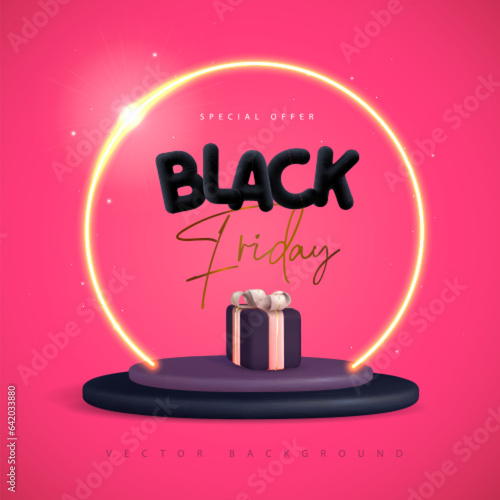 Black friday big sale poster with 3D black plastic podium, neon arch and gift box on pink background. Vector illustration