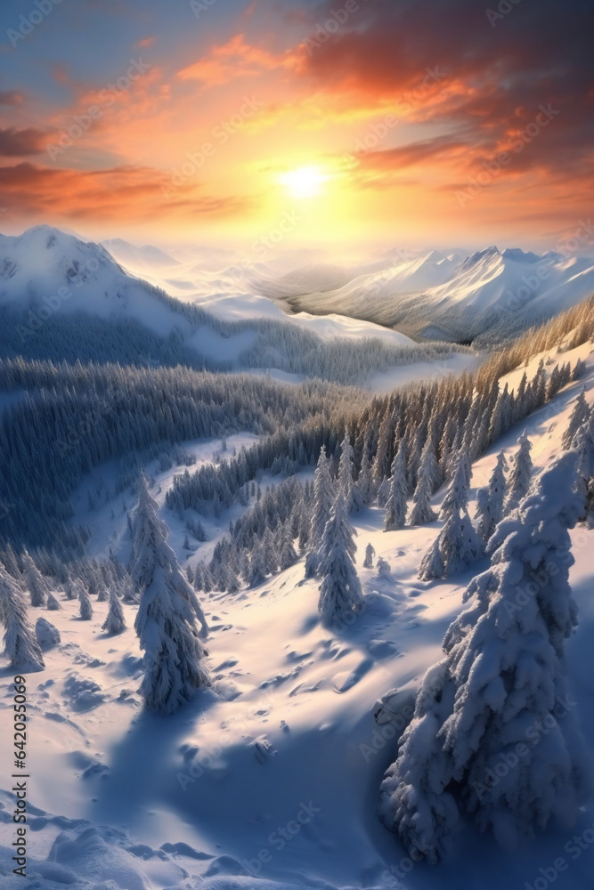 Tranquil Winter Sunset over Snowy Mountain Landscape.