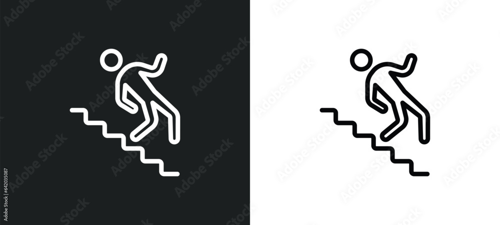 falling from stairs icon isolated in white and black colors. falling from stairs outline vector icon from insurance collection for web, mobile apps and ui. falling from stairs icon isolated in white and black colors. falling from stairs outline vector icon from insurance collection for web, mobile apps and ui.