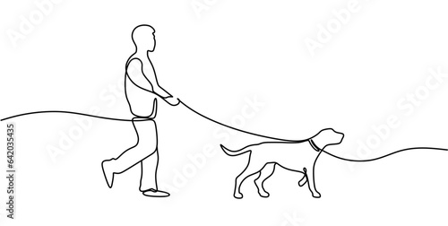 Man walk with dog continuous line drawing vector illustration
