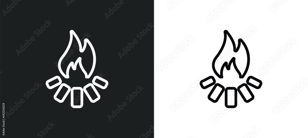 camping bonfire icon isolated in white and black colors. camping bonfire outline vector icon from nature collection for web, mobile apps and ui. camping bonfire icon isolated in white and black colors. camping bonfire outline vector icon from nature collection for web, mobile apps and ui.