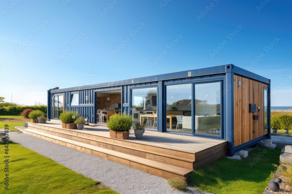 storage container tiny home conversion, modular house with flat roof, panoramic double doors, generative ai storage container tiny home conversion, modular house with flat roof, panoramic double doors, generative ai