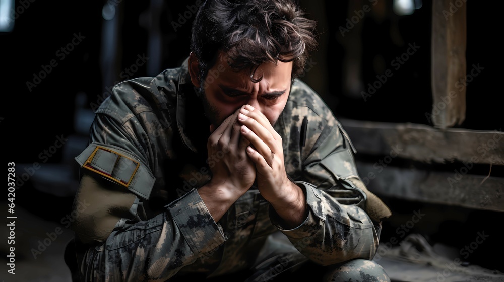 ptsd  ,    A post-traumatic soldier sits sad after a battle in a flashback AI generated 