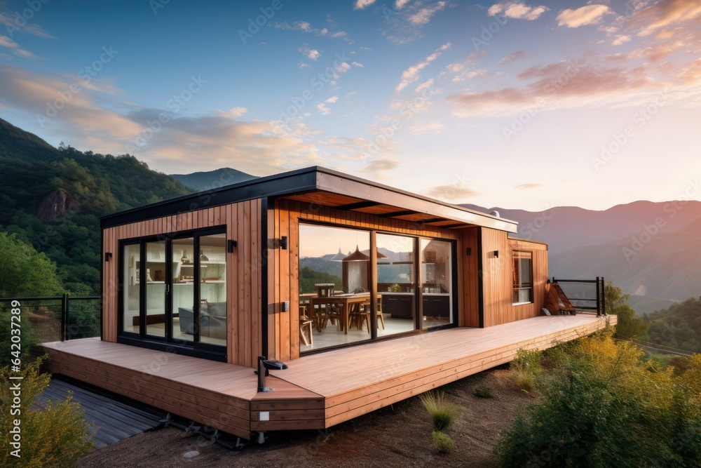 Fototapeta premium storage container tiny home conversion, modular house with flat roof, panoramic double doors, generative ai