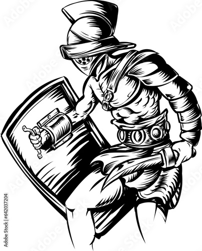 sketch of Ancient  Roman glatator Soldier With Sword And Shield