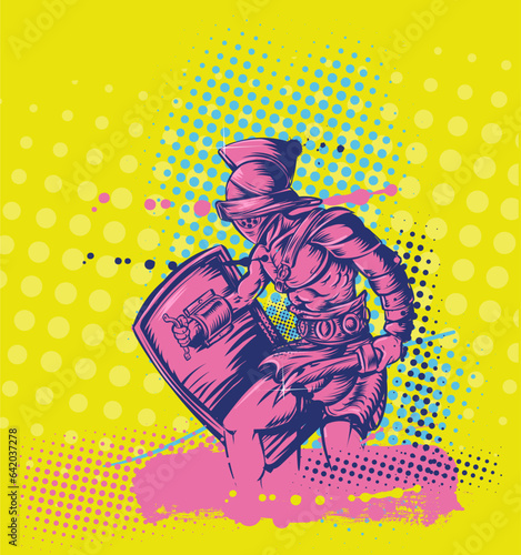 sketch of ancient roman gladiator soldier pop art style on yellow background