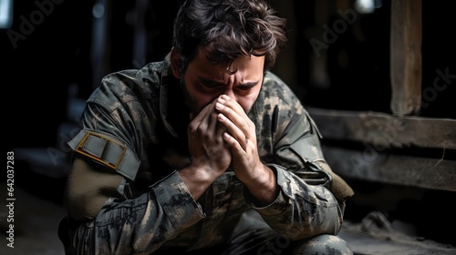 ptsd  ,    A post-traumatic soldier sits sad after a battle in a flashback AI generated  © Perachel Paz  Mark