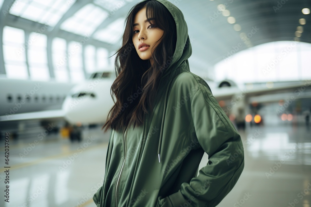 young Asian woman stands in a tracksuit at the airport young Asian woman stands in a tracksuit at the airport