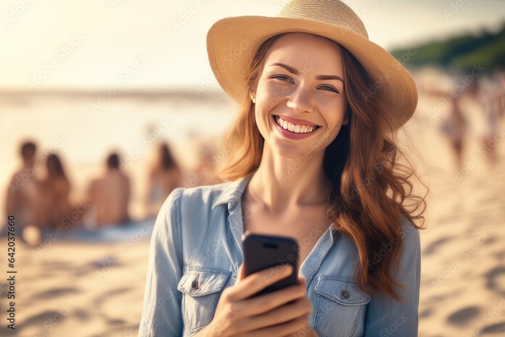 woman wearing hat on the phone at beach