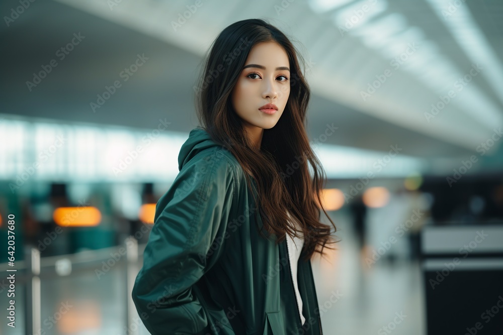 young Asian woman stands in a tracksuit at the airport young Asian woman stands in a tracksuit at the airport