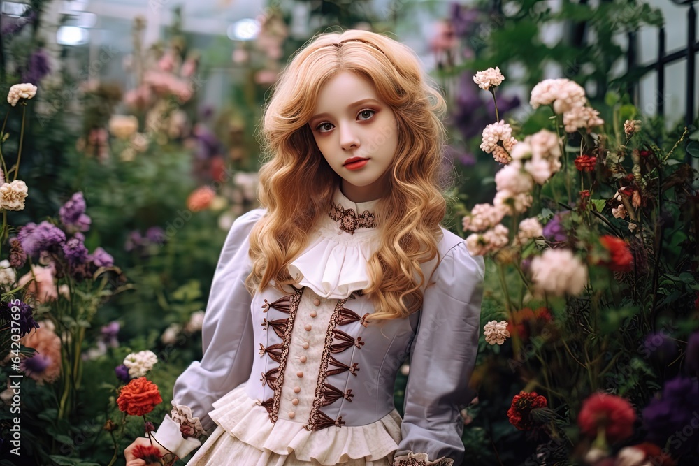 close up portrait of cute young pretty woman wearing 18th century Regency outfit standing in flower blossom garden, Generative Ai