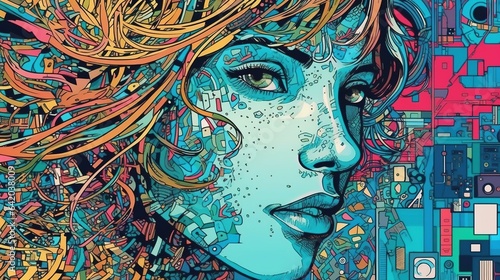 Abstract woman face in vibrant colors. Fantasy concept , Illustration painting.