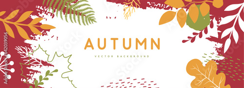 Autumn background with simple floral elements and autumn leaves. Leaf fall. Vector illustration