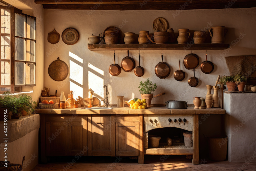rural kitchen interior with utensils, generative ai