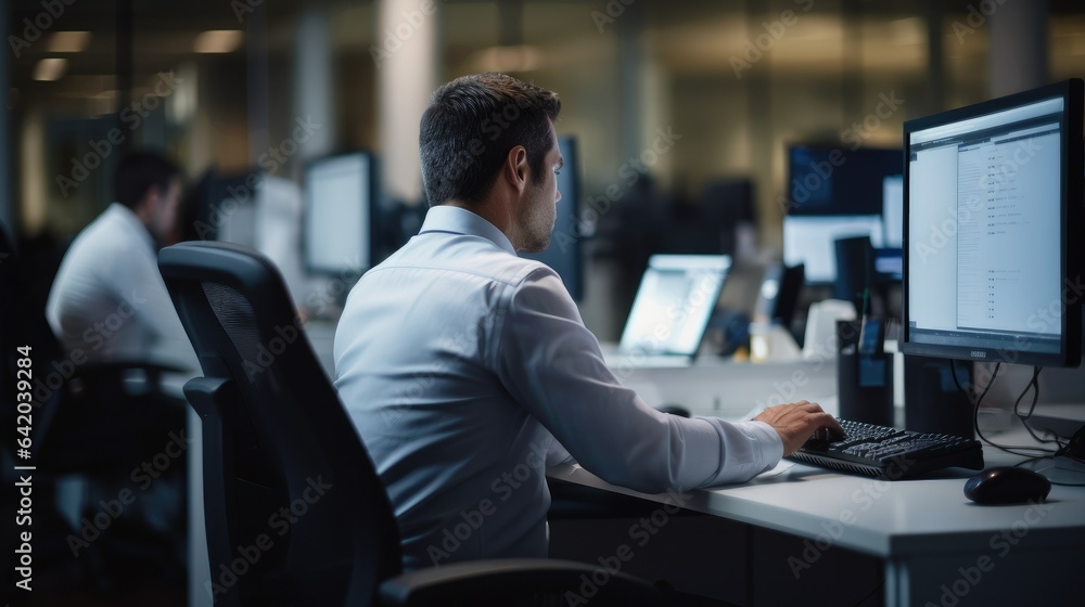 Efficiency in Motion: A Professional Tech Support at a Neat Desk, Lit by Overhead Fluorescent Lights, in Neutral Tones Efficiency in Motion: A Professional Tech Support at a Neat Desk, Lit by Overhead Fluorescent Lights, in Neutral Tones