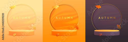 Set of autumn backgrounds with 3d podium, autumn falling leaves and gold luxury arch. Vector illustration