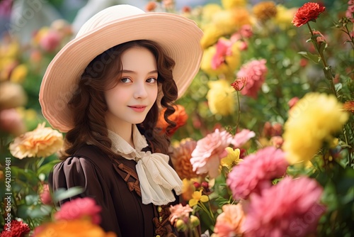 close up portrait of cute young pretty woman wearing 18th century Regency brown outfit standing in flower blossom garden, Generative Ai © QuietWord