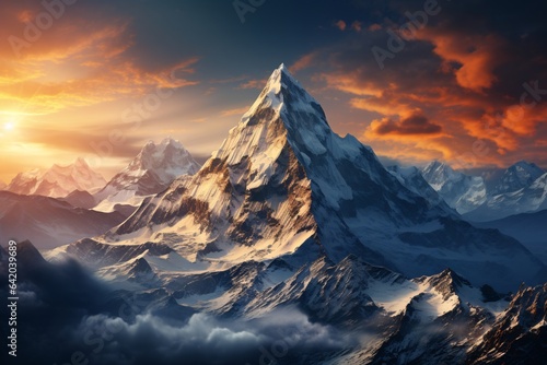 Mountains in Himalayas at sunset, Beautiful mountain landscape at sunset. Panorama of the mountains.