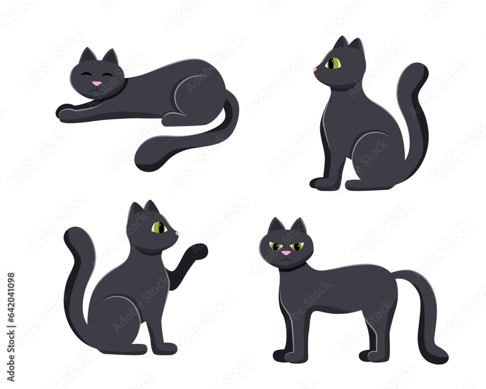 Set of four black cats. Halloween concept.