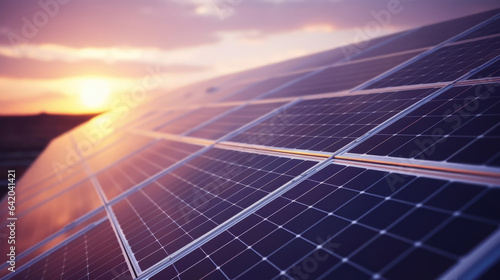 Close-up of solar panels in solar farm. Sustainable energy concept for environment.