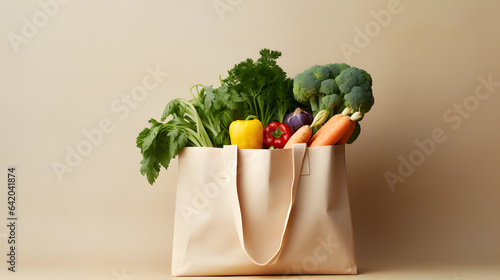 Reusable shopping bag filled with organic groceries