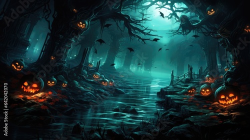 Halloween holiday, scary background with pumpkins, candles, bats and monsters