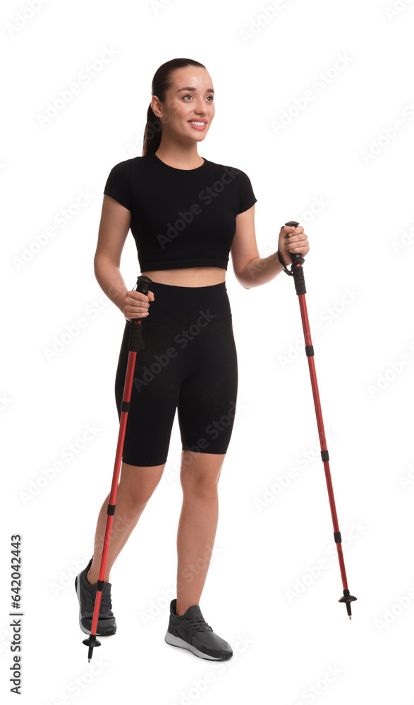 Woman with poles for Nordic walking isolated on white