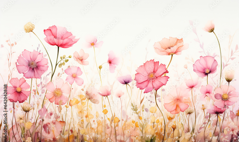 Flores estilo acuarela - Plantas y naturaleza pintura - Ilustracion Rosas y amarillo, amapola - obrazy, fototapety, plakaty 