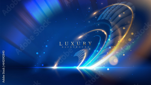 Blue luxury background with golden line decoration and curve light effect with bokeh elements. Modern art elegant dark scene.