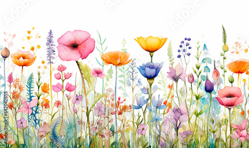 Flores estilo acuarela - Plantas y naturaleza pintura - Ilustracion amapolas, lavanda, margaritas - Fondo blanco