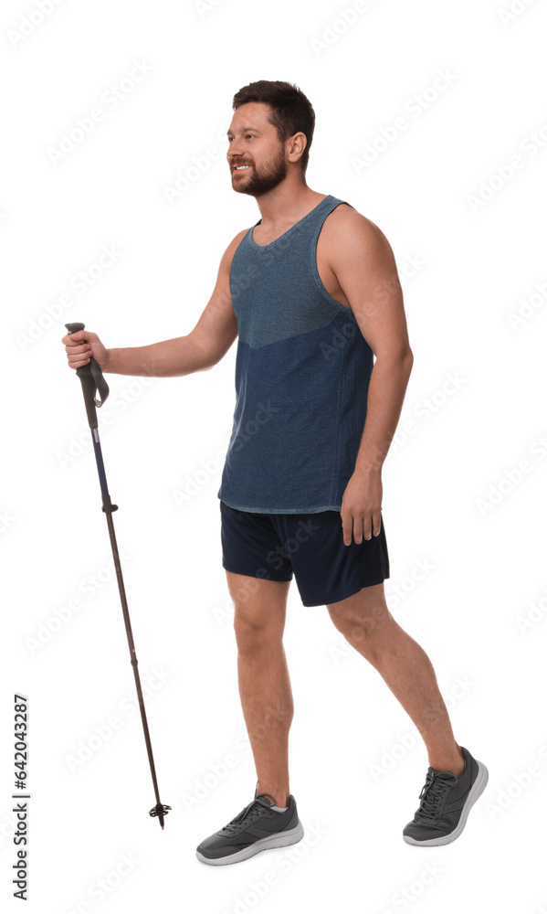 Man practicing Nordic walking with pole isolated on white