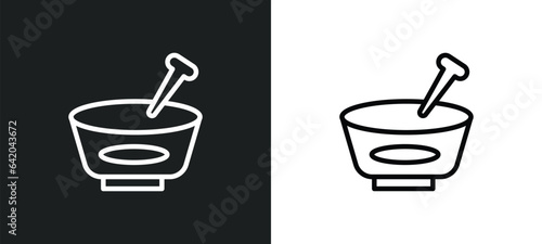 mortar with e icon isolated in white and black colors. mortar with e outline vector icon from bistro and restaurant collection for web, mobile apps and ui.