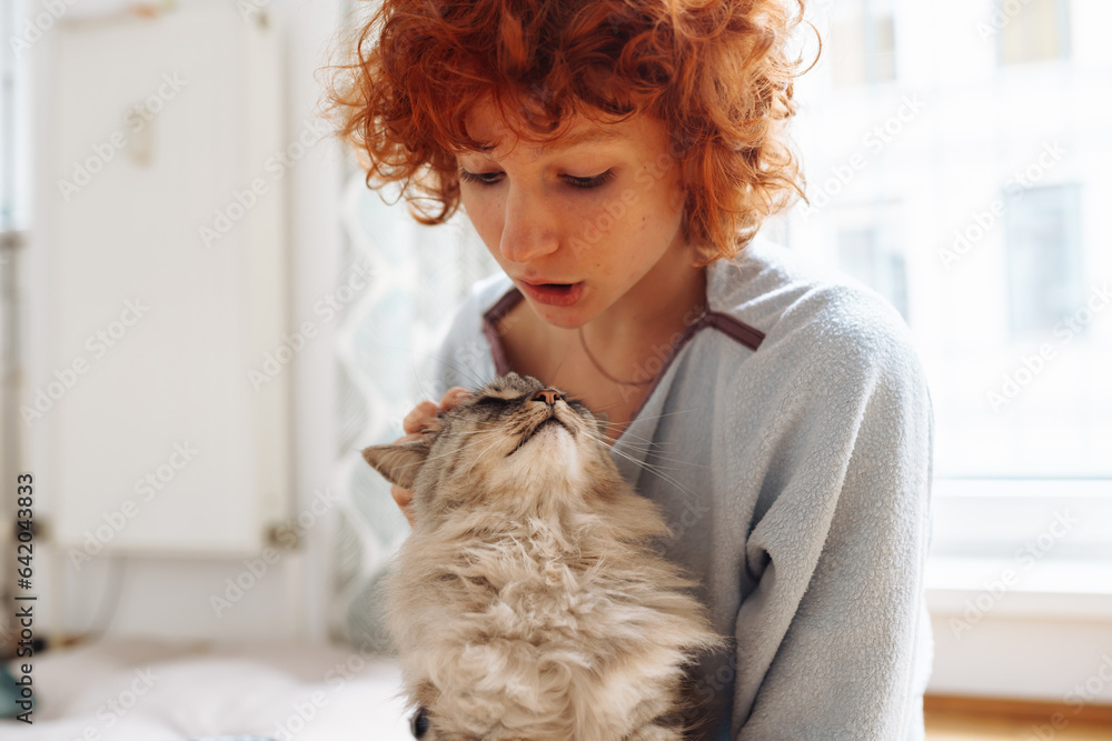 Portrait red-haired curly young woman with beloved fluffy domestic cat Portrait red-haired curly young woman with beloved fluffy domestic cat