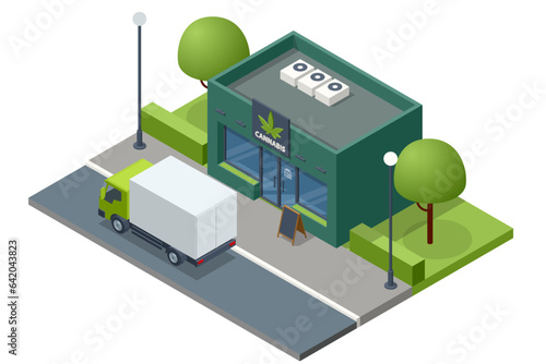 Isometric Legalized marijuana. Cannabis store with Cannabis products. Herbal alternative medicine, cbd oil, pharmaceptical industry