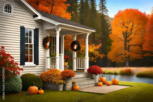  Cute and cozy cottage with fall decorations, pumpkins on the front porch and a wreath