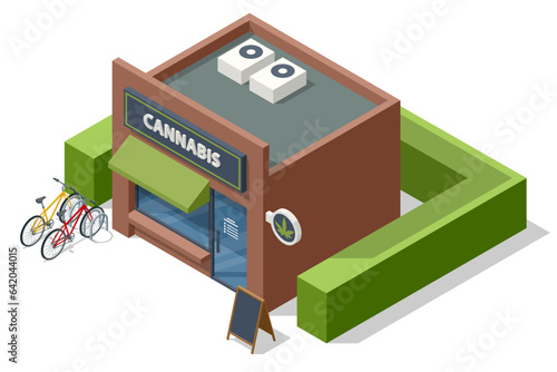 Isometric Legalized marijuana. Cannabis store with Cannabis products. Herbal alternative medicine, cbd oil, pharmaceptical industry