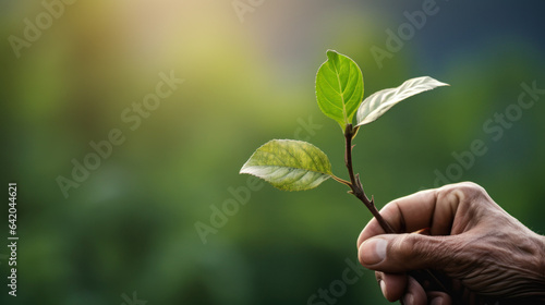 Longevity, Live to 100, Secrets of the Blue Zones, people living longest, happiest lives. Old senior male hand holding green sprout, flower bud web banner, background