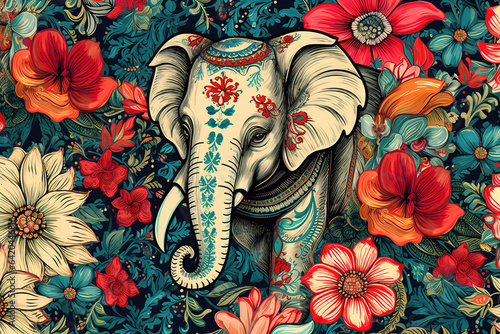Image of pattern design using an elephant and flowers and leaves. Wildlife Animals. Illustration, Generative AI.