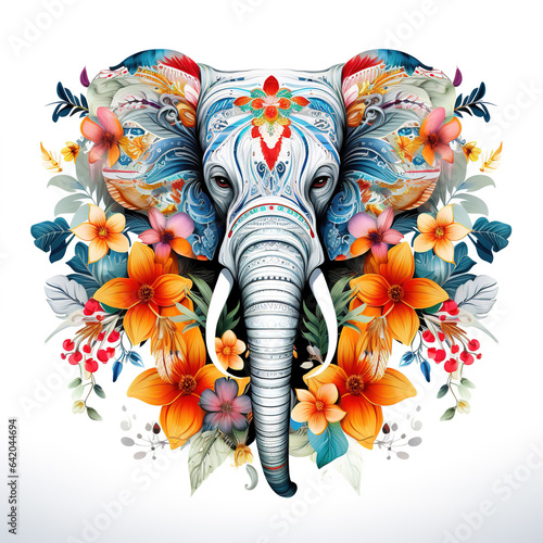 Image of pattern design using an elephant and flowers and leaves. Wildlife Animals. Illustration, Generative AI.