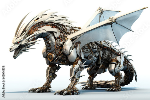 A dragon are made electronic machinery on a white background. Mythical creatures. illustration. Generative AI. © yod67