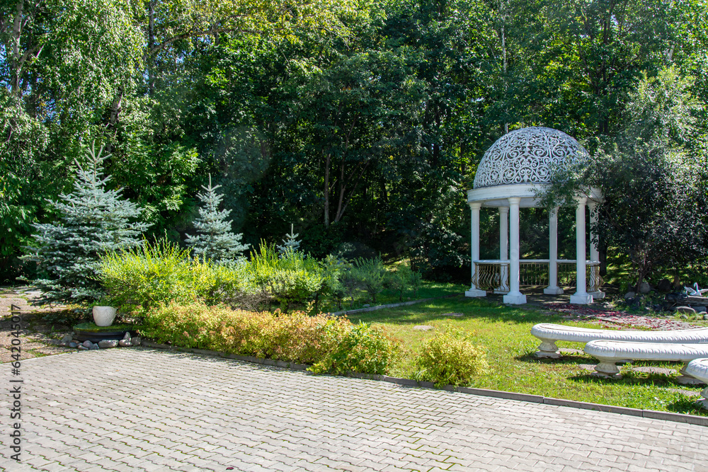 Obraz premium Park landscape. Stone-paved structures in the park and green trees with grass