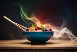 a bowl of food with a lot of colorful smoke coming out of the top of it and a wooden spoon in the middle of the bowl