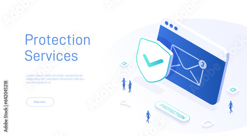 Email service security concept. Creative vector isometric illustration. Electronic mail message as part of business marketing. Webmail or mobile service layout for website landing page.