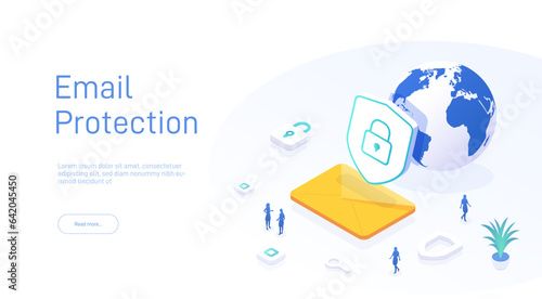 Email service security concept. Creative vector isometric illustration. Electronic mail message as part of business marketing. Webmail or mobile service layout for website landing page.