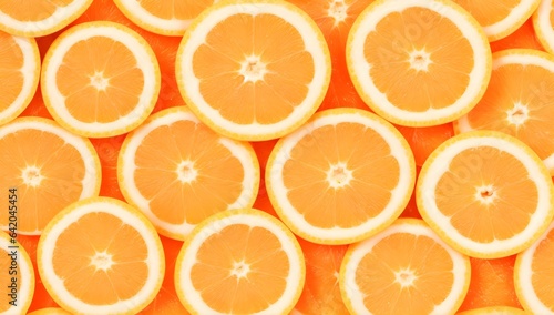 Orange slices placed next to each other on an orange background. Fresh and sweet citrus slices seamless background.